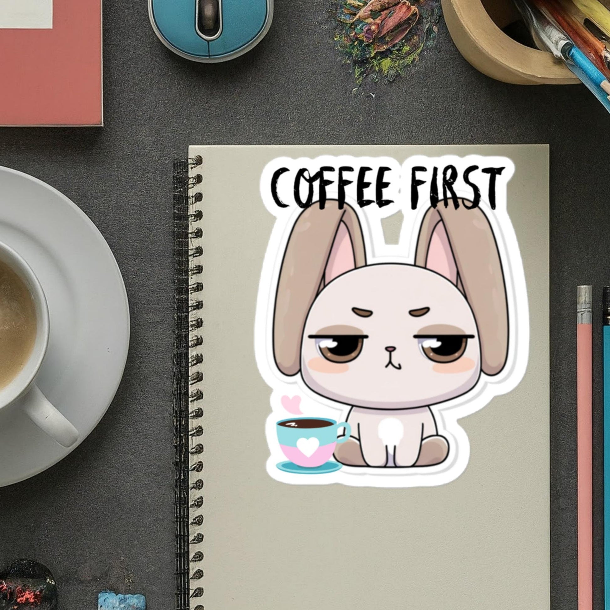 Bunny need Coffee First Sticker Coffee Humor Funny Bunny Sticker Bubble-free stickers