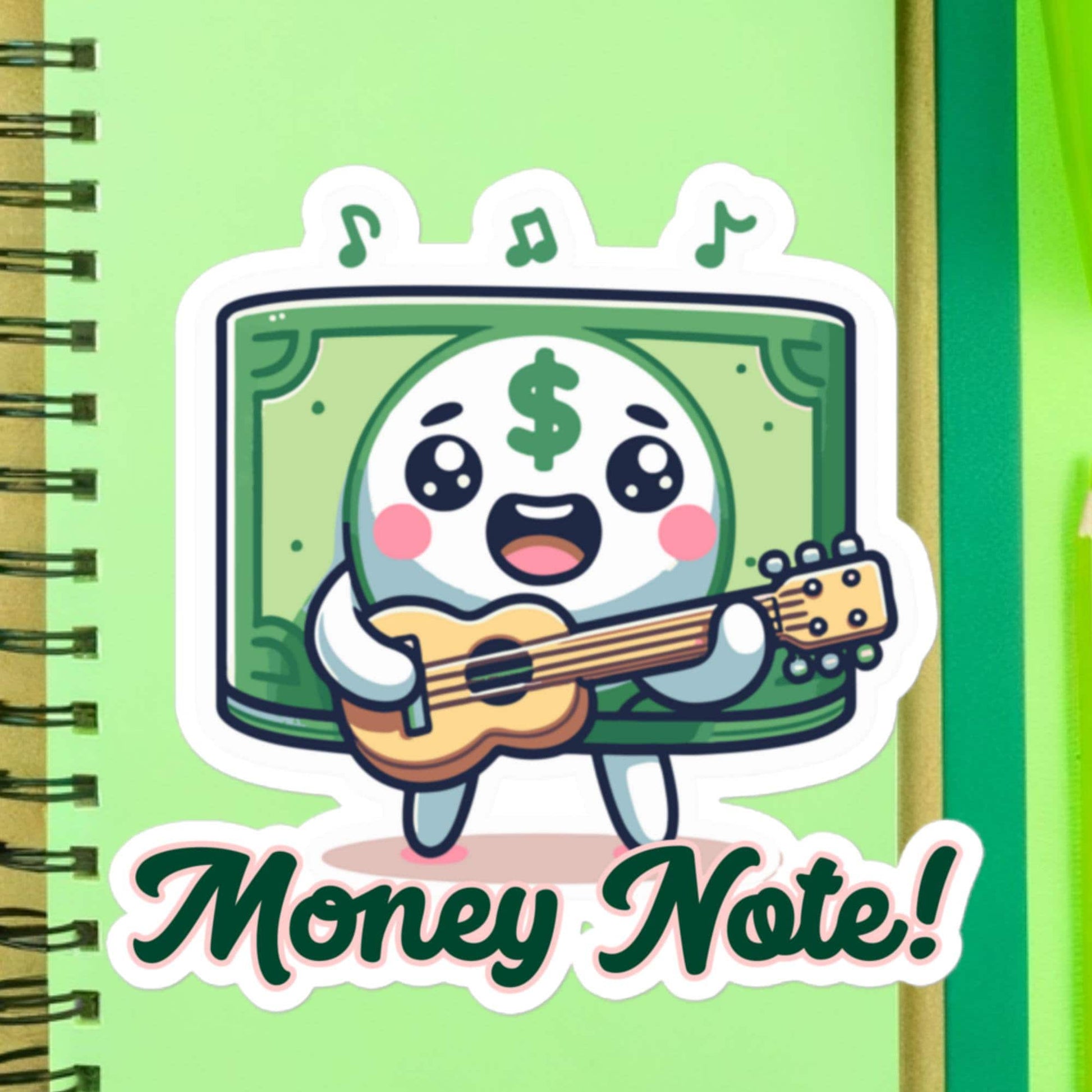 Money Note! Dollar Bill playing the guitar hits the money note! Fun musician stickersBubble-free stickers