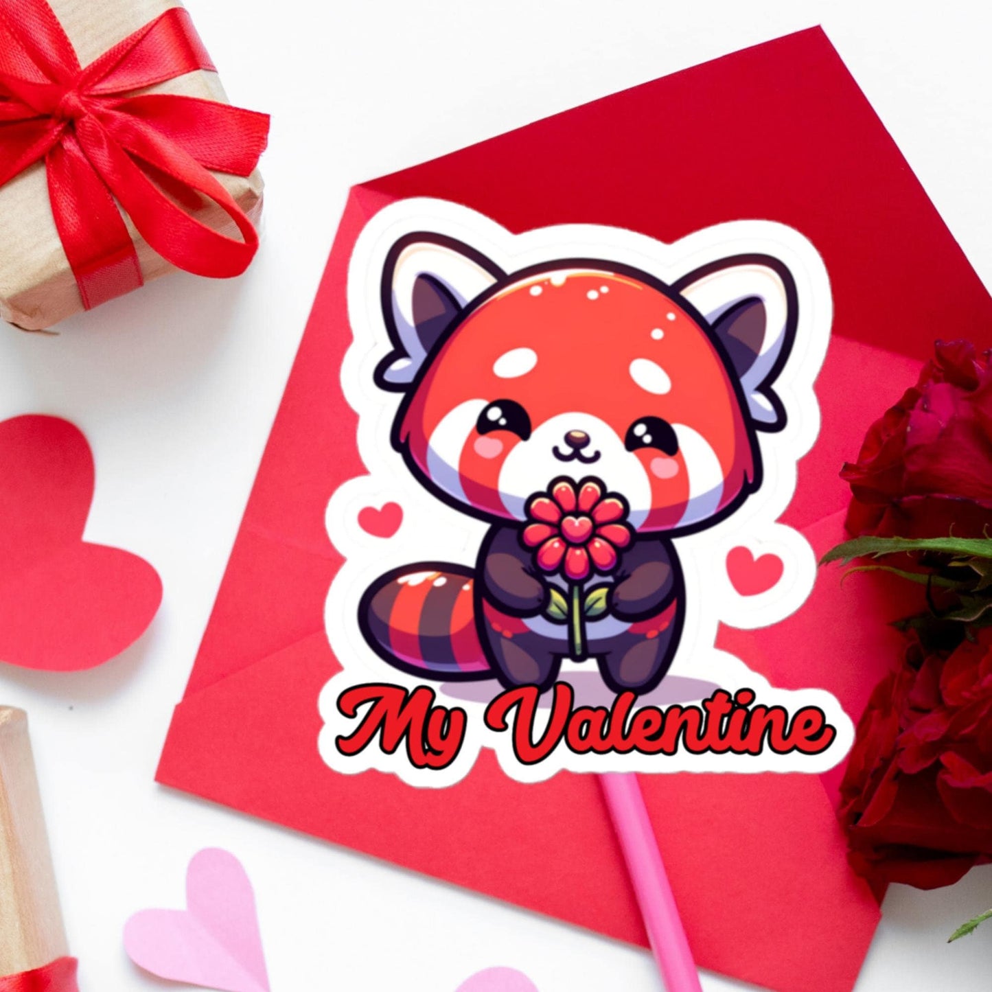 My Valentine Red Panda Heart Flower sticker Valentine&#39;s Day Gift Stickers Bubble-free stickers