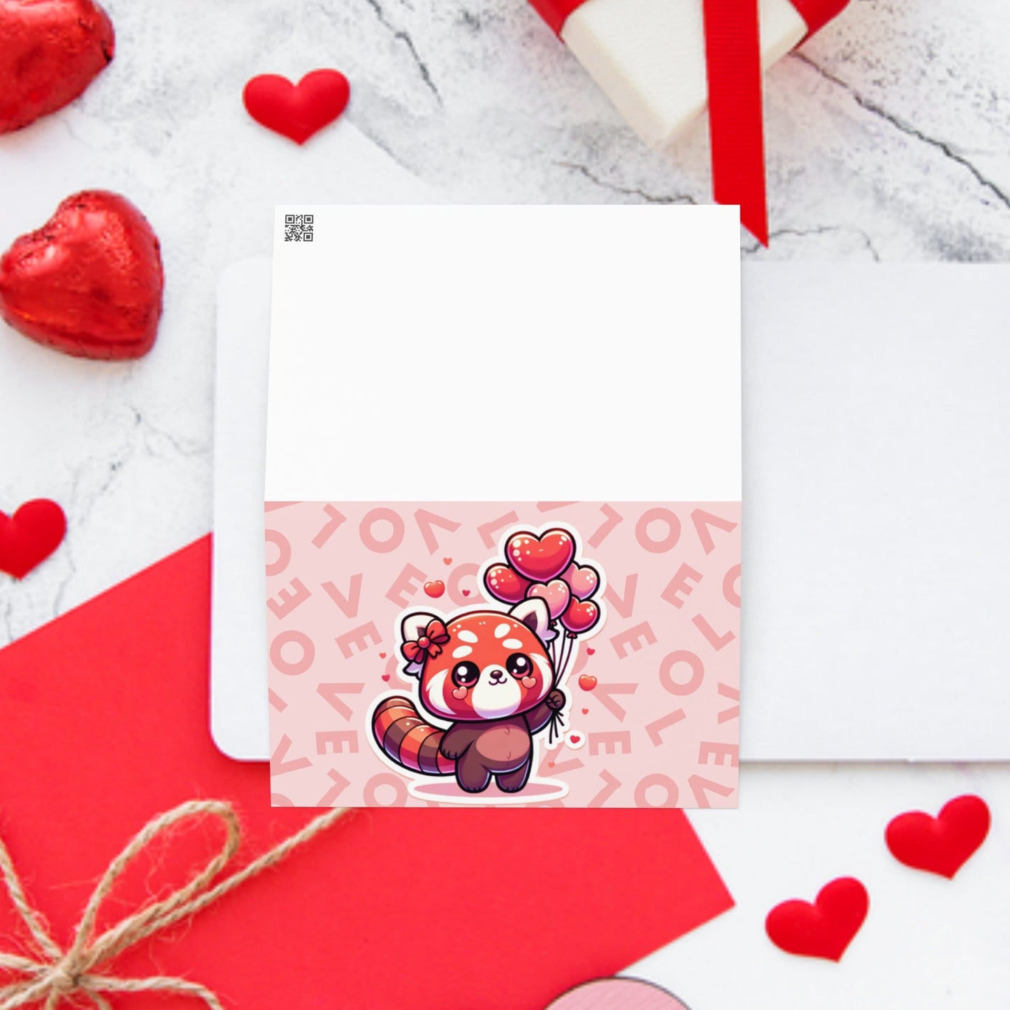 NOTECARD Red Panda with Balloons Love is in air Valentine's Day Cards Valentines GREETING CARD