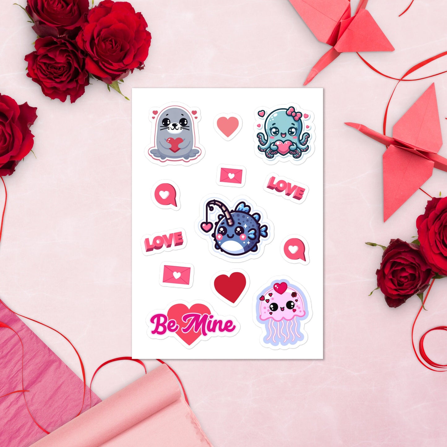Valentine&#39;s Day Sticker sheet Ocean animals sticker sheet Valentine&#39;s Day stickers with cute animals