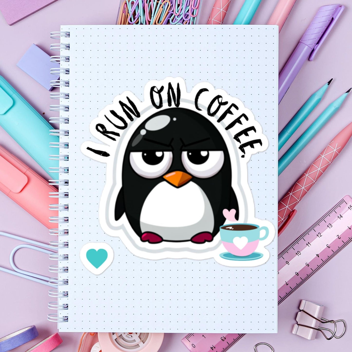 Penguin I Run On Coffee sticker Funny cute animal penguin sticker Coffee HumorBubble-free stickers