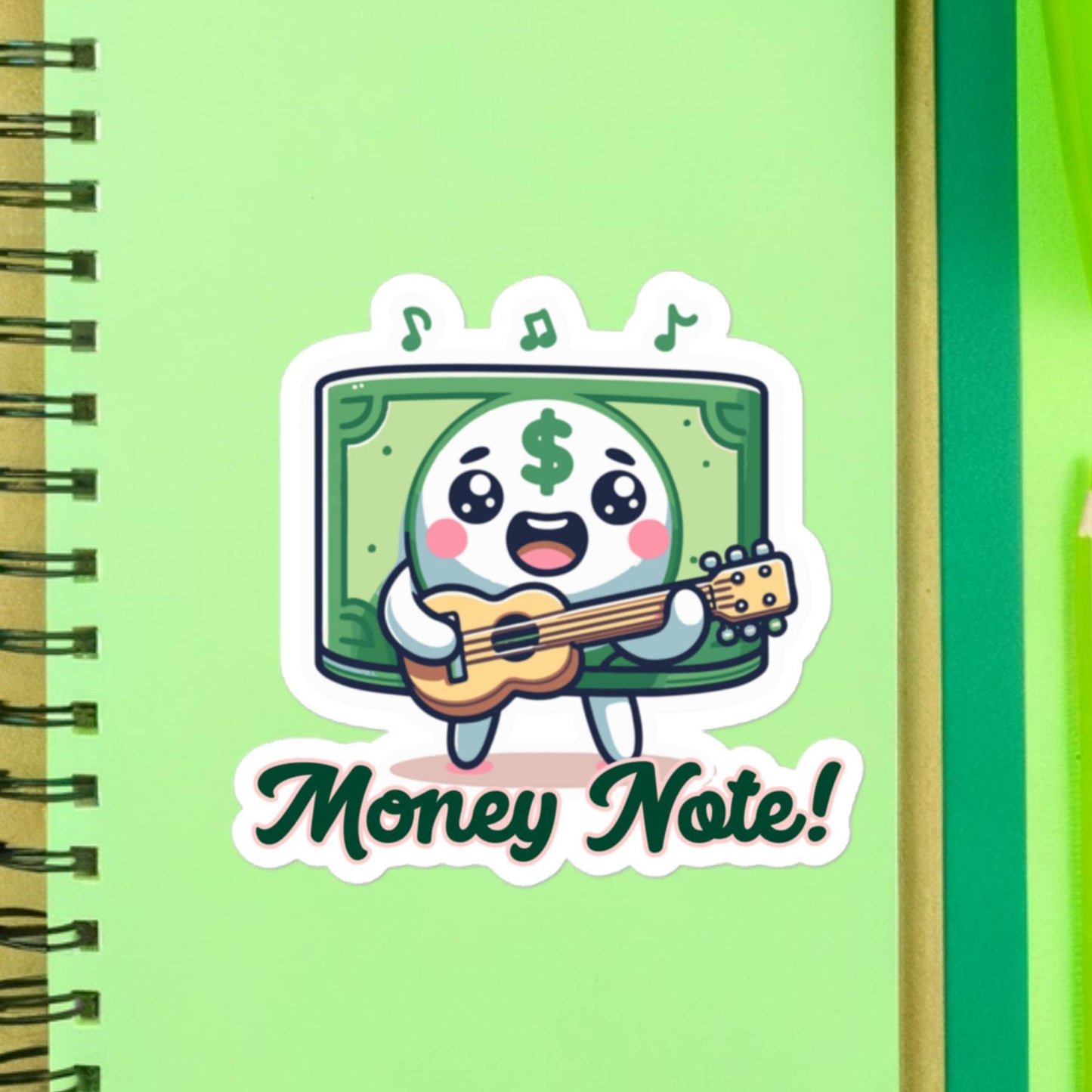 Money Note! Dollar Bill playing the guitar hits the money note! Fun musician stickersBubble-free stickers