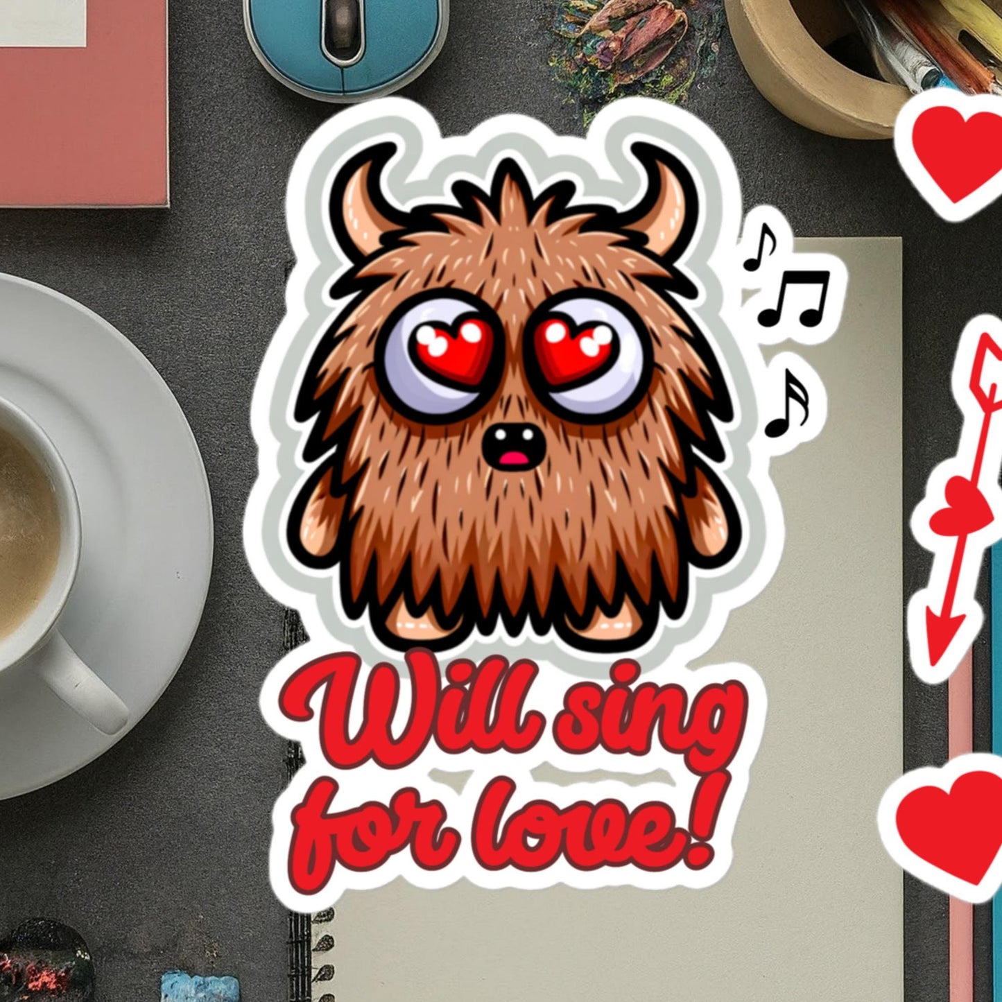 Will sing for love! Furrball monster singing sticker adorable valentine&#39;s day stickersBubble-free stickers
