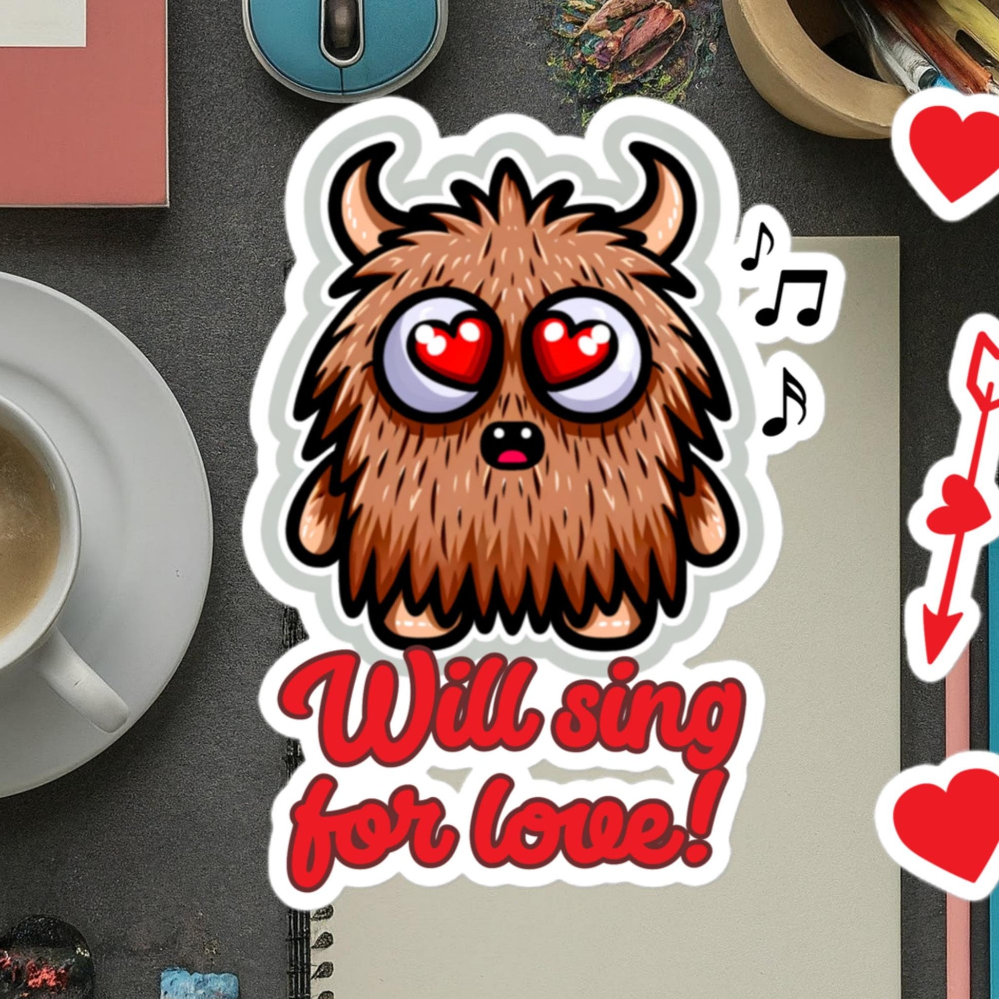 Will sing for love! Furrball monster singing sticker adorable valentine&#39;s day stickersBubble-free stickers